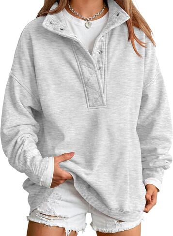 Trendy Queen Women's Oversized Sweatshirts - Lightweight Snap Button Henley Neck Cozy Pullover Casual Tops in Kuwait