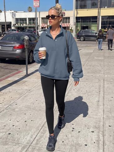 Trendy Queen Women's Oversized Sweatshirts - Lightweight Snap Button Henley Neck Cozy Pullover Casual Tops in Kuwait