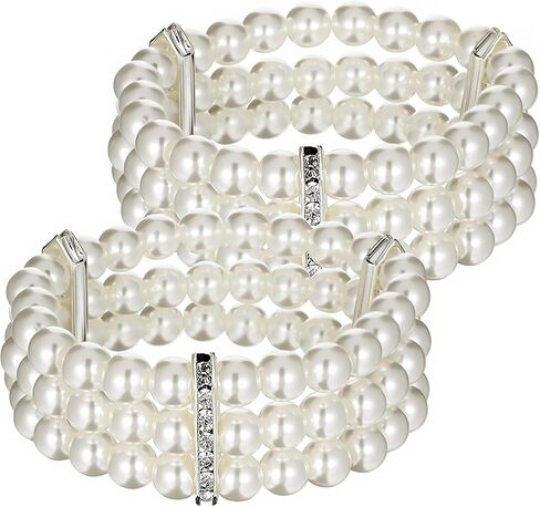 2 Pack 1920s Flapper Imitation Pearl Bracelet - 3 Rows Multi-Layer Stretch Elastic Bangle for Women, Great Gatsby Roaring 20s Accessories, Bridal Wedding Costume Jewelry Set in Saudi Arabia