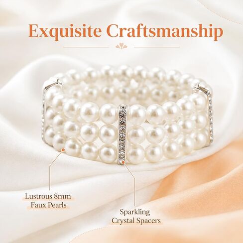 2 Pack 1920s Flapper Imitation Pearl Bracelet - 3 Rows Multi-Layer Stretch Elastic Bangle for Women, Great Gatsby Roaring 20s Accessories, Bridal Wedding Costume Jewelry Set in Saudi Arabia