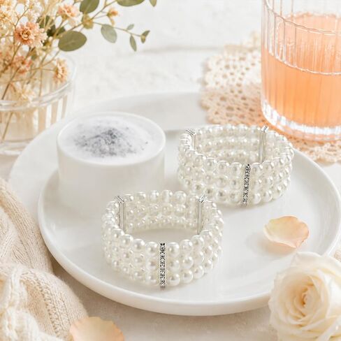 2 Pack 1920s Flapper Imitation Pearl Bracelet - 3 Rows Multi-Layer Stretch Elastic Bangle for Women, Great Gatsby Roaring 20s Accessories, Bridal Wedding Costume Jewelry Set in Saudi Arabia