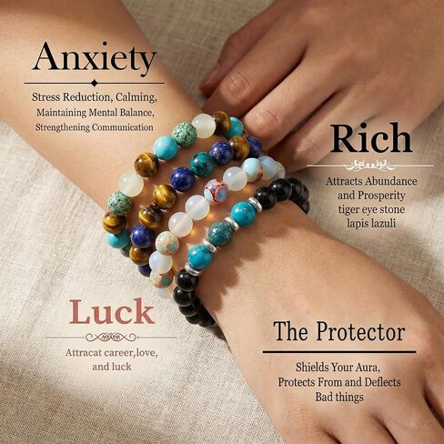 4Pcs Natural Stone Beaded Stretch Bracelet, Handmade Unisex Crystal Bracelets for Anxiety Relief, Luck and Prosperity，Birthday Healing Jewelry Gifts in Kuwait