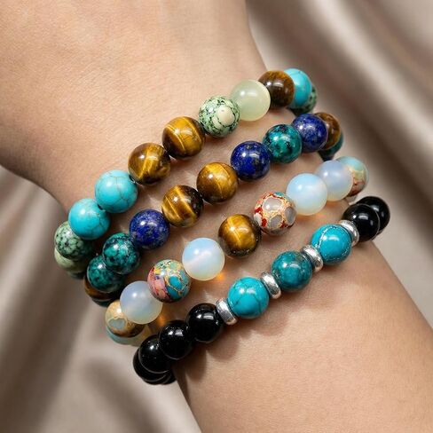 4Pcs Natural Stone Beaded Stretch Bracelet, Handmade Unisex Crystal Bracelets for Anxiety Relief, Luck and Prosperity，Birthday Healing Jewelry Gifts in Kuwait