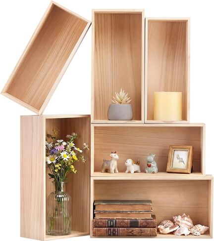 Sliner 6 Pack Unfinished Wood Crates Wooden Storage Boxes Unfinished Wooden Craft Storages Organiser Boxes Rectangle Storage Bin Wood Crates Decorative for Display Pantry, Closet, Arts & Craft, 3 Size in Kuwait