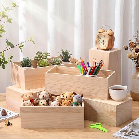 Sliner 6 Pack Unfinished Wood Crates Wooden Storage Boxes Unfinished Wooden Craft Storages Organiser Boxes Rectangle Storage Bin Wood Crates Decorative for Display Pantry, Closet, Arts & Craft, 3 Size in Kuwait