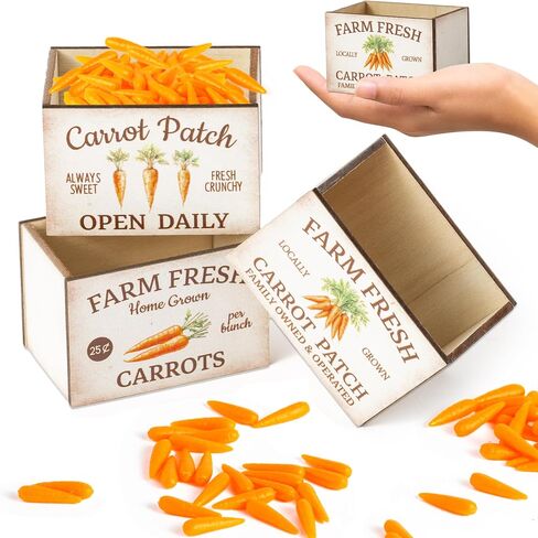 63Pcs Spring Miniature Farmhouse Crate with Mini Artificial Carrots, Mini Farmhouse Micro Scene Decor Vintage Wooden Crates Basket Spring Tiered Tray Decorations for Fairy Garden Shelf Displays in Kuwait