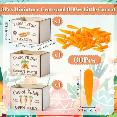 63Pcs Spring Miniature Farmhouse Crate with Mini Artificial Carrots, Mini Farmhouse Micro Scene Decor Vintage Wooden Crates Basket Spring Tiered Tray Decorations for Fairy Garden Shelf Displays in Kuwait