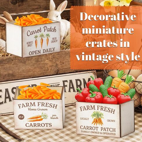 63Pcs Spring Miniature Farmhouse Crate with Mini Artificial Carrots, Mini Farmhouse Micro Scene Decor Vintage Wooden Crates Basket Spring Tiered Tray Decorations for Fairy Garden Shelf Displays in Kuwait