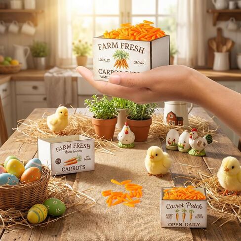 63Pcs Spring Miniature Farmhouse Crate with Mini Artificial Carrots, Mini Farmhouse Micro Scene Decor Vintage Wooden Crates Basket Spring Tiered Tray Decorations for Fairy Garden Shelf Displays in Kuwait