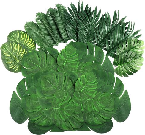 108 Pieces 7 Kinds Artificial Tropical Leaf Jungle Leaves Plant Safari Leaves Decorations Fake Palm Leaf with Stems for Hawaiian Luau Party Table Beach Birthday Wedding Theme Party Decorations in Saudi Arabia