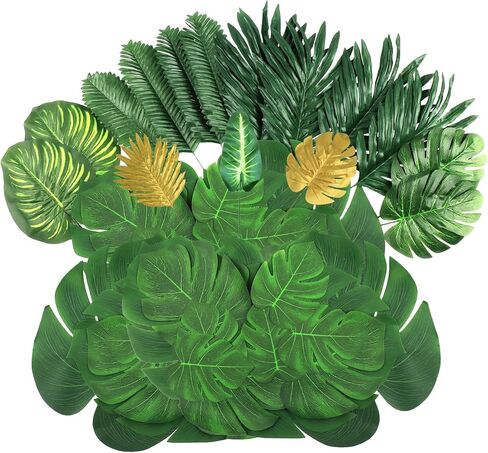 108 Pieces 7 Kinds Artificial Tropical Leaf Jungle Leaves Plant Safari Leaves Decorations Fake Palm Leaf with Stems for Hawaiian Luau Party Table Beach Birthday Wedding Theme Party Decorations in Saudi Arabia