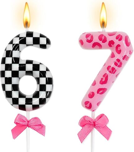 6 7 شموع عيد ميلاد، كنت في السادسة من عمري الآن أنا 7 زينة عيد ميلاد، مربعات سوداء 6 ووردية 7 شموع أرقام لعيد الميلاد السادس والسابع، 6 7 لوازم حفلات ميمي للفتيات والنساء (6 7 وردي) in Kuwait