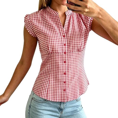 Women Short Cap Sleeve Gingham Shirt Summer Casual Button Down Plaid Top Y2K Blouse Streetwear in Kuwait