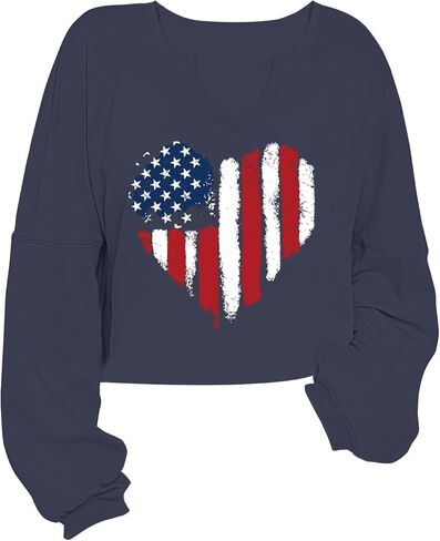 Women's USA Flag Sweatshirts Long Sleeve Crop Graphic Sweatshirts Cute V Neck Shirts Tops in Saudi Arabia