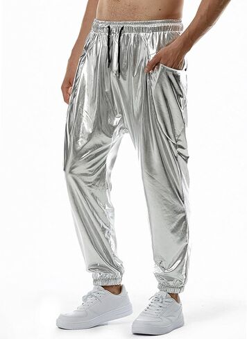 Mens Metallic Shiny Harem Pants Hip Hop Dance Sweatpants 70s Disco Elastic Waist Trousers Jogger Pants in Saudi Arabia