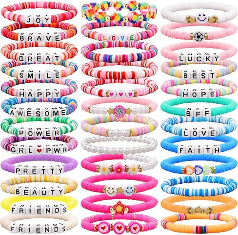 36PCS Friendship Bracelets for Women Stackable Clay Bead Bracelets Bulk Colorful Surfer Heishi Bracelet Set Stretch Preppy Bracelets Summer Beach Elastic Layered Bracelets in Saudi Arabia