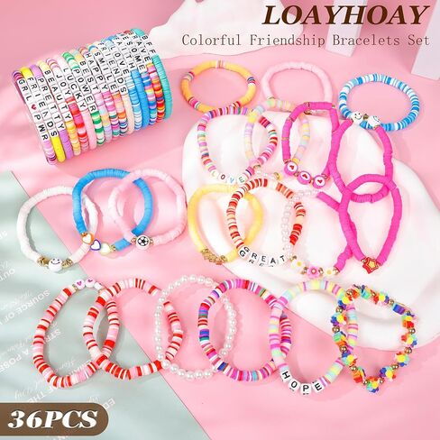 36PCS Friendship Bracelets for Women Stackable Clay Bead Bracelets Bulk Colorful Surfer Heishi Bracelet Set Stretch Preppy Bracelets Summer Beach Elastic Layered Bracelets in Saudi Arabia