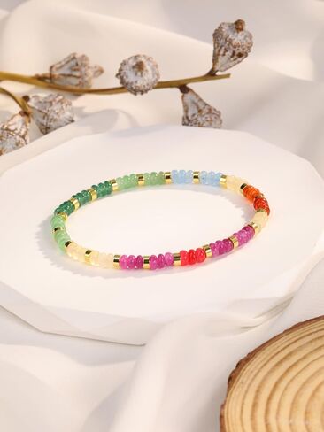 Jovivi Colorful Gemstone Beaded Bracelets for Women 14K Gold Plated Copper Abacus Beads Natural Healing Crystals Stone Stretch Bracelet Handmade Boho Jewelry in Kuwait
