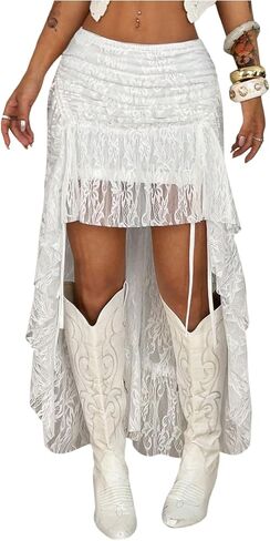 OYOANGLE Women's Floral Lace Sheer Maxi Skirts Y2K Drawstring Ruched High Low Hem Cowgirl Western Skirts in Kuwait