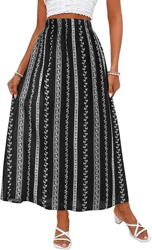 Herou Women A Line Skirt Boho Mesh Maxi Skirts High Waist Striped Embroidery-Like Pattern Long Skirts with Underneath in Saudi Arabia