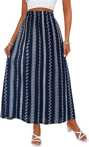 Herou Women A Line Skirt Boho Mesh Maxi Skirts High Waist Striped Embroidery-Like Pattern Long Skirts with Underneath in Saudi Arabia