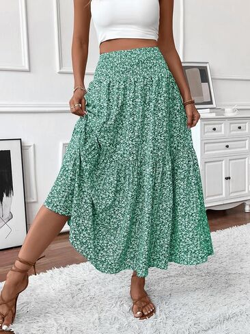 Women's Smocked High Waist Maxi Skirt Casual Boho A-line Long Skirts with Pockets in Kuwait