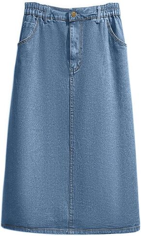 ebossy Women's Elastic Waist Back Slit Denim Midi Skirt Casual Work Pockets Pencil Jean Skirt in Kuwait