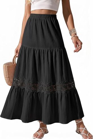 Cutecrop Women Boho Maxi Skirt 2026 Summer Lace Patchwork Ruffle Skirt Flowy A Line Elastic High Waist Tiered Vacation Outfit in Kuwait