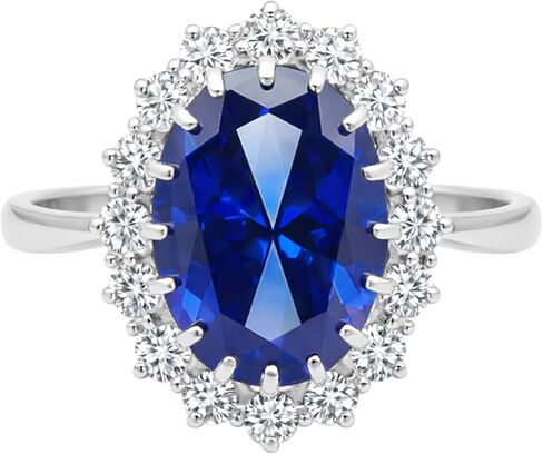 REAL-GEMS 4.5 قيراط خاتم هالة بيضاوي من الياقوت الأزرق مع لمسات زركونيا فضية وذهب عيار 14 قيراط مقاسات 4-12 مجوهرات نسائية in Kuwait