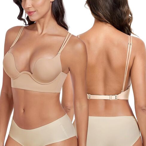 Women's Deep U-Plunge Backless Push Up Bra U Neck Low Back Underwire Supportive Padded Bra in Saudi Arabia