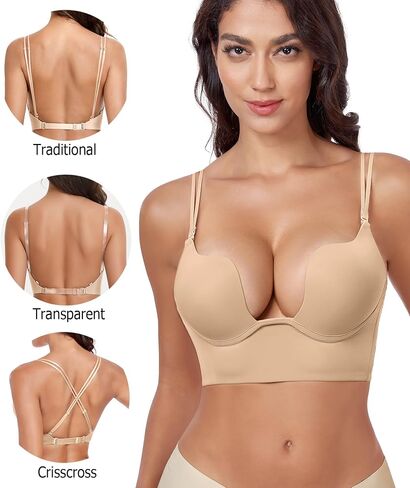 Women's Deep U-Plunge Backless Push Up Bra U Neck Low Back Underwire Supportive Padded Bra in Saudi Arabia