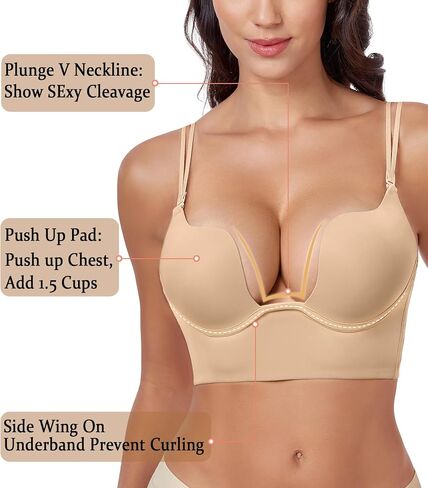 Women's Deep U-Plunge Backless Push Up Bra U Neck Low Back Underwire Supportive Padded Bra in Saudi Arabia