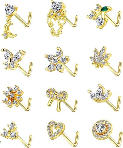 12Pcs Silver/Gold Nose Rings Stud L Shaped Nose Piercing Butterfly Flower Heart Pink Clear CZ Screw Nose Stud Body Piercing Jewelry for Women 20G in Saudi Arabia
