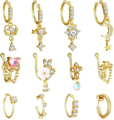 12pcs Clip on Fake Nose Ring Gold African Nose Cuffs Fake Noses Ring Hoop Faux Noses Piercing for Women Non Piercing Jewelry for Women Birthday Christmas in Kuwait