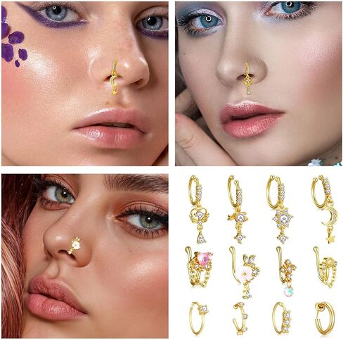 12pcs Clip on Fake Nose Ring Gold African Nose Cuffs Fake Noses Ring Hoop Faux Noses Piercing for Women Non Piercing Jewelry for Women Birthday Christmas in Kuwait
