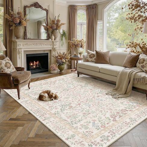 PureCozy 8x10 Pink Area Rug for Living Room Bedroom Washable Vintage Floral Carpet Low Pile Non Slip Botanical Aesthetic Large Dining Room Soft Accent Throw Rug Nursery Office Indoor in Saudi Arabia