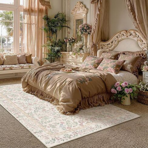 PureCozy 8x10 Pink Area Rug for Living Room Bedroom Washable Vintage Floral Carpet Low Pile Non Slip Botanical Aesthetic Large Dining Room Soft Accent Throw Rug Nursery Office Indoor in Saudi Arabia