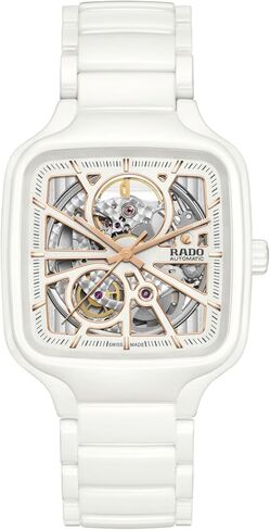 Rado - ساعة True Square Open Heart - ساعة سويسرية أوتوماتيكية للجنسين - مينا أبيض مربع 38 ملم - سوار سيراميك أبيض عالي التقنية - R27073012 in Kuwait