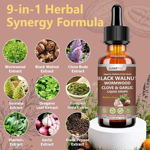 Wormwood Black Walnut Clove for Humans Tincture, Advanced 8-in-1 Gut Cleanse Detox & Digestive Well -ness w. Garlic Pumpkin Seeds Soursop Oregano Plantain 10:1 Extract Liposomal Tech 98% Absorption in Saudi Arabia
