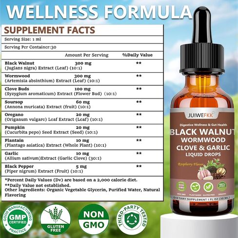 Wormwood Black Walnut Clove for Humans Tincture, Advanced 8-in-1 Gut Cleanse Detox & Digestive Well -ness w. Garlic Pumpkin Seeds Soursop Oregano Plantain 10:1 Extract Liposomal Tech 98% Absorption in Saudi Arabia