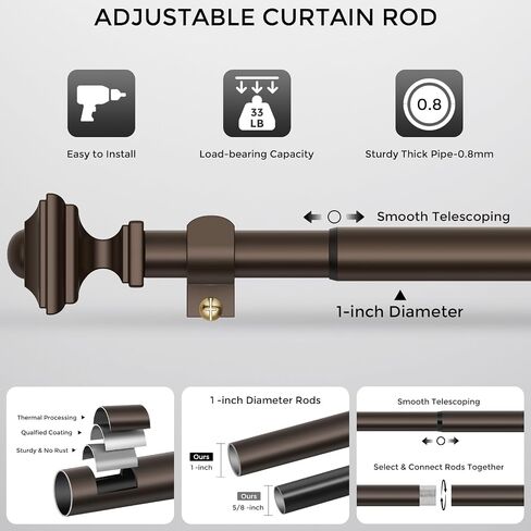 Bronze Curtain Rod for Windows 36-88 Inches, 1 Inch Heavy Duty Adjustable Drapery Pole, Modern Window Treatment Rod with Decorative Square Finials, Easy Installation in Saudi Arabia