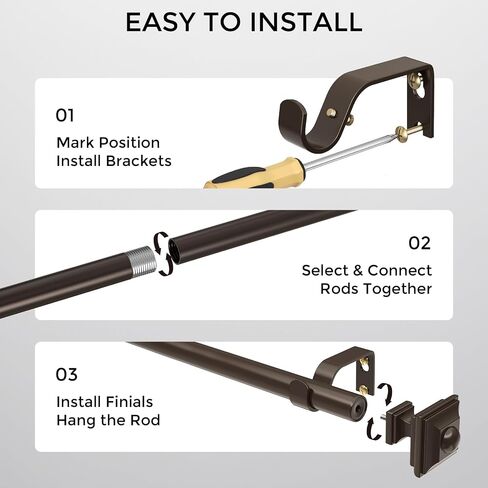 Bronze Curtain Rod for Windows 36-88 Inches, 1 Inch Heavy Duty Adjustable Drapery Pole, Modern Window Treatment Rod with Decorative Square Finials, Easy Installation in Saudi Arabia