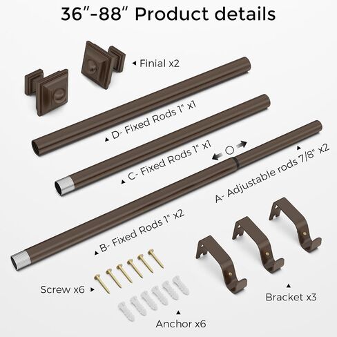 Bronze Curtain Rod for Windows 36-88 Inches, 1 Inch Heavy Duty Adjustable Drapery Pole, Modern Window Treatment Rod with Decorative Square Finials, Easy Installation in Saudi Arabia