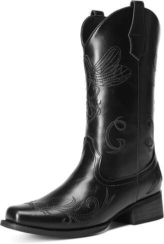 DREAM PAIRS Women's Cowboy Boots Mid Calf Cowgirl Boots Embroidery Stitched Square Toe Western Boots in Saudi Arabia