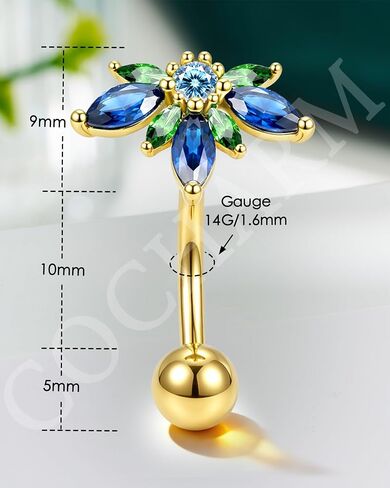 COCHARM لوتس عكس حلقات زر البطن-14G 5A الأخضر تشيكوسلوفاكيا خواتم السرة للنساء، الفولاذ المقاوم للصدأ البطن السرة ثقب المجوهرات in Kuwait