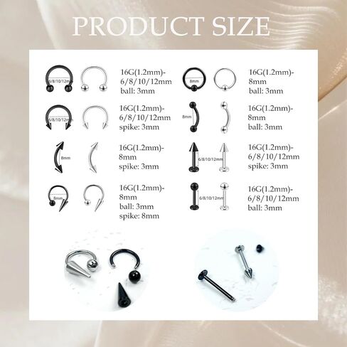 40Pcs 16G Lip Rings Labret Jewelry Monroe Lip Barbell Ring Snake Bite Piercing Jewelry Daith Tragus Helix Piercing Septum Horseshoe Nose Ring Eyebrow Body Surgical Steel Piercing Jewelry for Women Men 6mm/8mm/10mm/12mm in Saudi Arabia