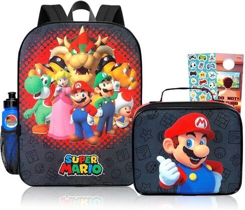 Super Mario Backpack with Lunchbox Set - Bundle with 16" Backpack Featuring Luigi, Yoshi, Toad, Bowser, Princess Peach, Lunch Bag, Stickers, Water Bottle, More | Super Mario School Bag for Boys in Kuwait