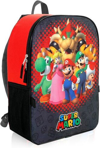 Super Mario Backpack with Lunchbox Set - Bundle with 16" Backpack Featuring Luigi, Yoshi, Toad, Bowser, Princess Peach, Lunch Bag, Stickers, Water Bottle, More | Super Mario School Bag for Boys in Kuwait