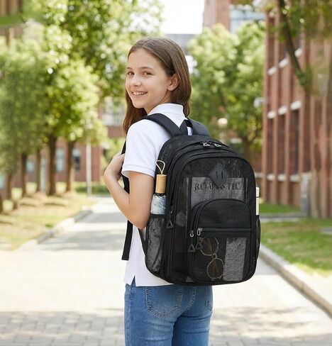 Mesh Backpack for Boys Girls Teens, Heavy Duty See Through College Bookbag for School, Work, Beach, Black in Kuwait