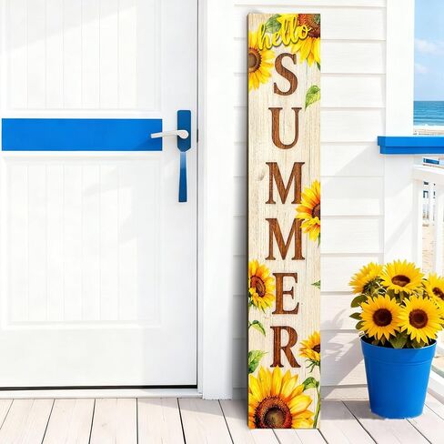 لافتة الشرفة الخشبية Hello Summer زخارف معلقة عمودية، علامة ترحيب للباب الأمامي واقفة، لافتة زخرفية مقاس 47 × 7.8 بوصة نمط عباد الشمس مناسبة للديكور الخارجي in Kuwait